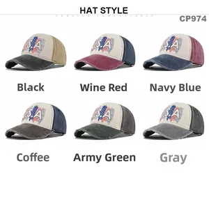 Matrix view of vintage washed baseball caps in six colors with USA flag print