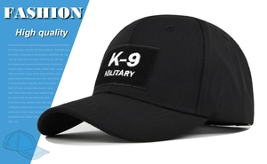Detail of K-9 military tactical baseball cap with durable fabric and white embroidery
