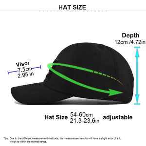 Size chart for tactical baseball cap showing visor length, depth, and adjustable circumference