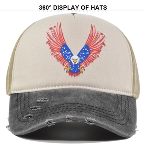 Distressed vintage eagle baseball cap with American flag wing print and mesh back