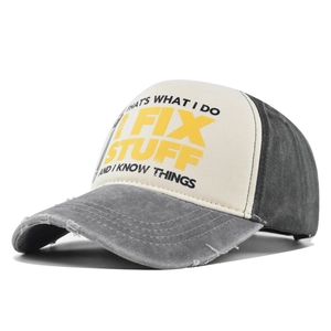 Distressed vintage I Fix Stuff trucker hat with retro print in white and grey