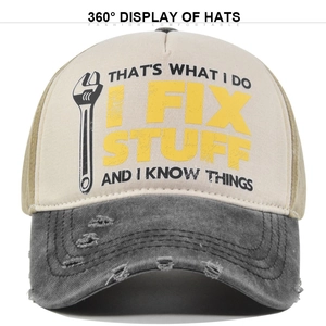 Retro distressed baseball cap with I Fix Stuff print and breathable mesh back