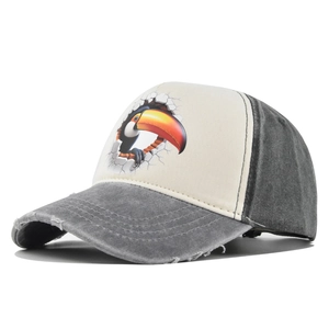 Detail van de versleten rand en toekanprint op deze vintage trucker baseballpet voor heren