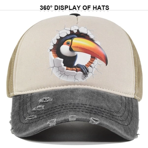 Vintage Toekan Print Honkbalpet 3D Dierenprint Gewassen Distressed Katoen Trucker Pet Outdoor Zonwering Verstelbaar Casual Voor Heren