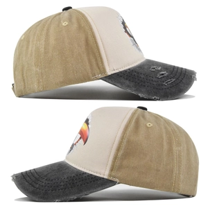 Gedetailleerd zijaanzicht van de vintage toekan baseballpet met patchwork design