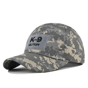 Detail view of the digital camo tactical K-9 military baseball cap with Velcro patch