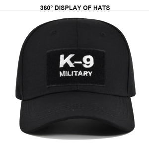 Black K-9 military tactical baseball cap with detailed white embroidery on durable fabric