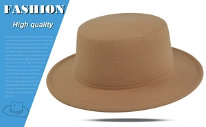 Detail of khaki wool felt boater hat showing fine single-needle stitching on flat brim