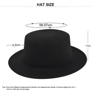 Guide des tailles pour chapeau en feutre noir à bord plat, circonférence 56-57cm