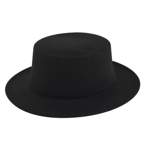 Detail view of the flat top wide brim wool felt boater hat in deep solid black color