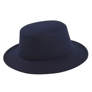 Close-up of dark blue wool felt flat top wide brim hat with neat edge stitching details