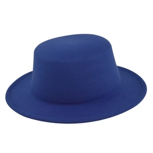 Close-up of royal blue flat top wool felt boater hat with a stiff wide brim for adults