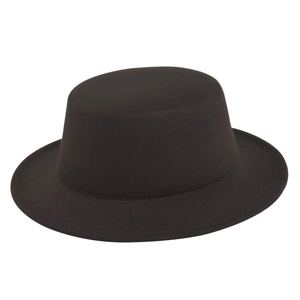 Detailed side view of black wide brim felt hat with flat top and smooth wool texture