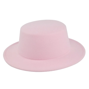 Detailed stitching on the pink wool felt boater hat with a flat top and wide straight brim