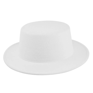 Close-up of white wool felt boater hat featuring a flat top and wide brim with fine stitching