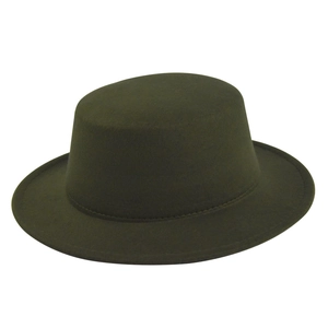 Detailed close-up of dark olive green wool felt flat top hat showing smooth texture