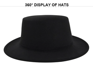 Detailed 360-degree view of a classic black flat-top wool felt jazz hat with a straight brim