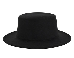 Detailed top view of a structured black wool felt boater hat with a flat brim and crown