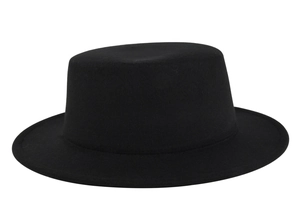 Detailed view of the flat top structure and wide brim of this classic black wool felt fedora