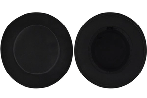 Flat lay showing front and interior views of a black wide brim wool felt jazz fedora hat