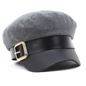 Grey wool felt navy hat with black leather brim and golden metal buckle decoration