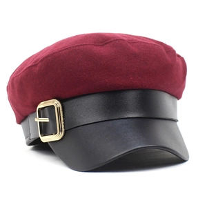 Vintage Newsboy Hat For Women Winter Warm Woolen Fabric Faux Leather Brim Sailor Cap With Metal Buckle Flat Top Baker Boy Hat