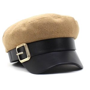 Camel wool blend newsboy hat with black PU leather brim and golden metal buckle decoration