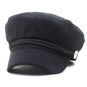 Classic black wool flat top captain hat with braided cord and vintage metal buttons