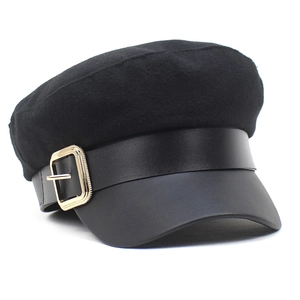 Women's black wool baker boy hat with PU leather brim and gold buckle detail