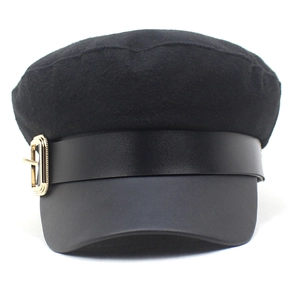 Classic black wool newsboy hat with PU leather brim and gold buckle detailing