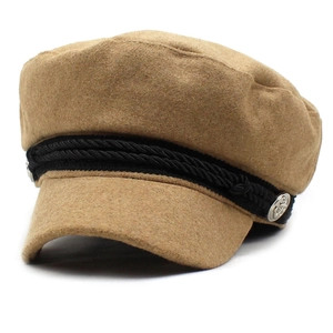 Classic camel wool felt newsboy cap with black braided rope and silver buttons