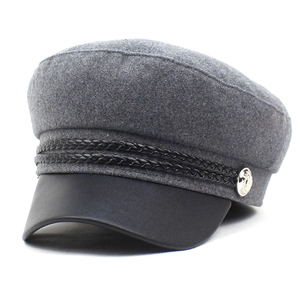 Women Vintage Wool Blend Newsboy Hat With Faux Leather Brim Braided Rope Metal Button Detail Fall Winter Warm Baker Boy Cap