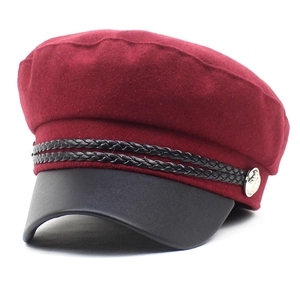 Vintage burgundy wool baker boy hat with black leather brim and braided rope detail