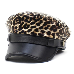 Leopard Print Newsboy Cap Women Fashion PU Leather Splicing Baker Boy Hat Retro Chelsea Cap Autumn Winter Warm Headwear