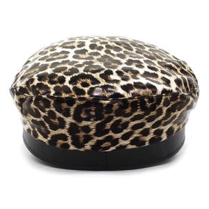 Detailed view of women's leopard print baker boy hat with black PU leather visor brim
