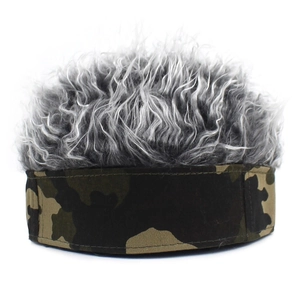 Camouflage visor hat with grey curly hair wig for men and women, creative novelty cap