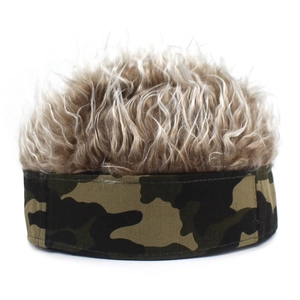 Detail of camouflage baseball cap with brown curly hair wig design on top
