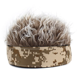 Detail view of camouflage visor wig hat with brown synthetic hair for costume parties