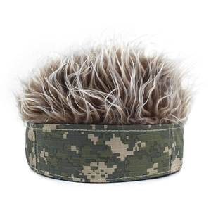 Close-up of camouflage visor hat with spiky synthetic hair extensions for outdoor fun