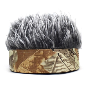 Detailed close-up of grey synthetic wig hair attached to a camouflage print headband