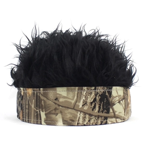 Detailed view of novelty baseball cap with messy synthetic hair and jungle camo band