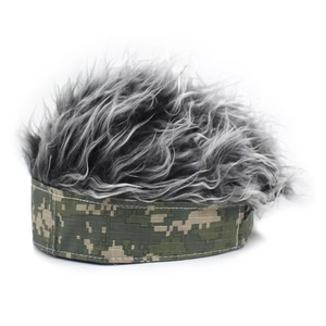 Detailed close-up of novelty camouflage visor cap with realistic grey hair fibers