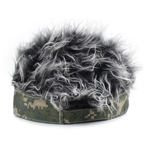 Detail view of camouflage baseball cap featuring textured black and gray gradient synthetic hair