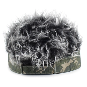 Detail of camouflage baseball cap with synthetic grey hair and adjustable back strap