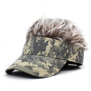 Detail of camouflage visor cap with realistic grey synthetic hair spikes on top