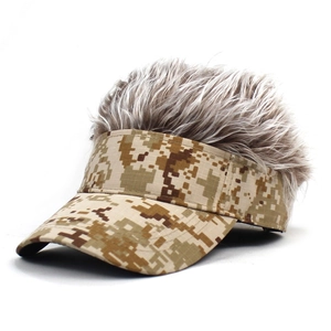 Macro view of novelty camouflage baseball cap with integrated messy brown synthetic hair