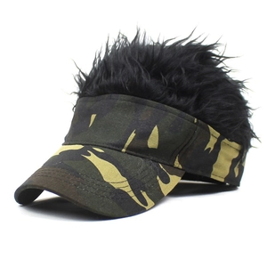 Detail view of camouflage visor cap featuring realistic spiky black hair wig topper