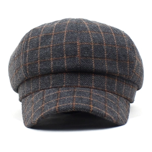 Casquette gavroche rétro à carreaux gris et orange pour femme en tissu de laine