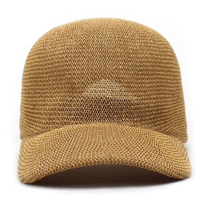 Close-up of khaki woven paper straw baseball cap showing detailed mesh texture and curved brim