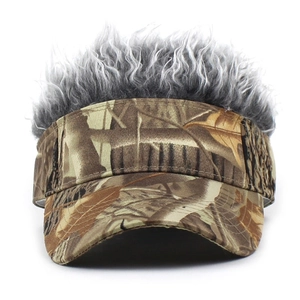Detail view of camouflage visor hat featuring fluffy grey and white synthetic hair wig